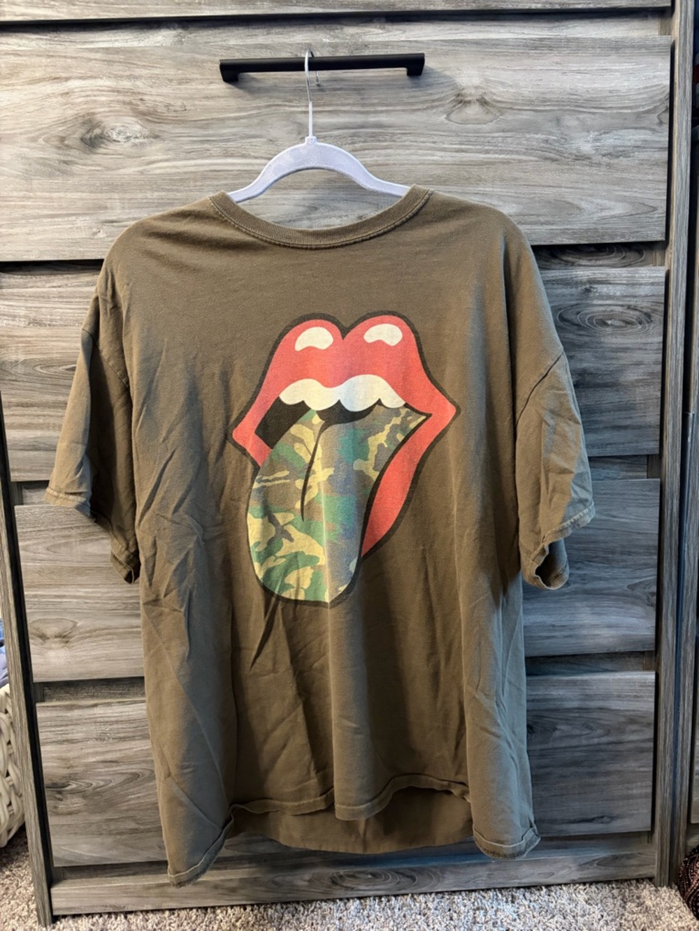 the Rolling Stones Olive Green Logo Interior Print Tee